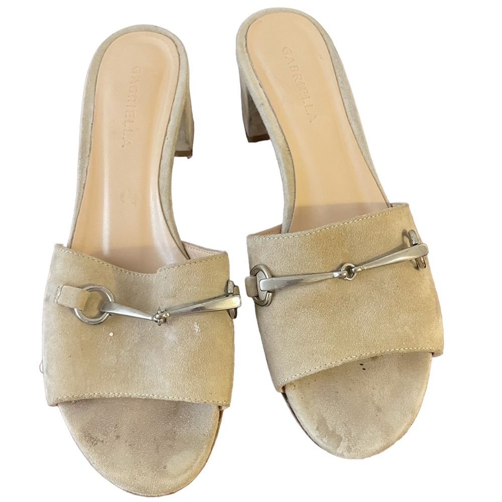 Gabriella - beige, suede slides w/2inch heal. Silver detail in front. Size 39